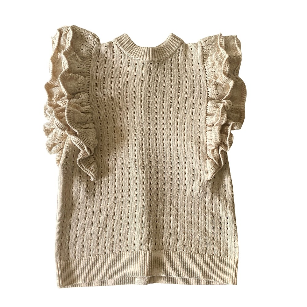 Who What Wear Pointelle Ruffle Women Cardigan S Beige Sleeveless Button Front